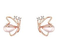 Rose Gold Open Wire Butterfly Stud Earrings, 11×8mm Inlaid Pink Shell & Tiny Clear Crystals, Dainty Minimalist Wing Shape Daily Fashion Ear Jewelry