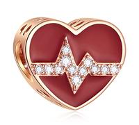 Rose Gold Pave Heartbeat CZ Charms fit Pandora Valentines Day Bracelet, Electrocardiogram ECG Enamel Red Heart Beads, Lifeline Pulse Charms Gifts for Fiancée/Bridal/Married Couple