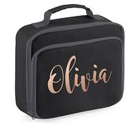 Rose Gold Personalised Name Lunch Bag for Back to School or Nursery Starters All Ages Little Girls Lunch Food Storage Container, 24cm x 20cm x 8cm, Black