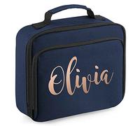 Rose Gold Personalised Name Lunch Bag for Back to School or Nursery Starters All Ages Little Girls Lunch Food Storage Container, 24cm x 20cm x 8cm, Navy