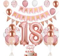 Rose Gold & Pink 18th Birthday Decorations - Foil Balloons, Banner & Cake Topper