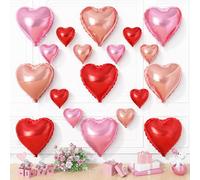 Rose Gold Pink Heart Balloons, 19PCS Red Pink Heart Shape Balloon, 18Inch with 10Inch Red Rose Gold Helium Love Balloon for Birthday Baby Shower Wedding Valentines Decorations