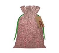 Rose Gold Pink Printed Christmas Drawstring Bags with Green Ribbon - Reusable Burlap Drawstring Gift Pouches, S