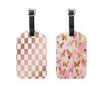 Rose Gold Plaids Checkered Rose Golden Butterfly 2 Pcs Luggage Tags Funny Travel Luggage Tag with Name ID Card for Cruise Ship