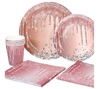 Rose Gold Plate Set of 16 Sweet Princess Party Theme Suitable for Children and Adults. The Birthday Party Decoration Accessories Set Includes Paper Plates, Napkins and Cups for 16 Guests.