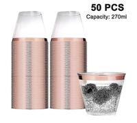 (Rose Gold Rim) 50 Pack 250ml Plastic Cocktail Glasses, Sturdy Plastic Cups with Clear Rim, Disposable Cups for Wedding, Birthday, Party Wuqx