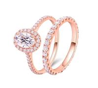 Rose Gold Rings Dainty, Vintage Wedding Ring 18K 2Pcs Oval with 1 Moissanite Size R 1/2