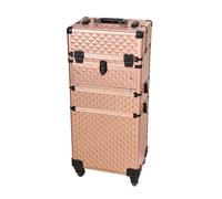 Rose Gold Rolling Makeup Case, 3-in-1 Aluminum Cosmetic Trolley w/ Flip Trays & Lock Latches, Large Storage Makeup Artist Travel Organizer Box