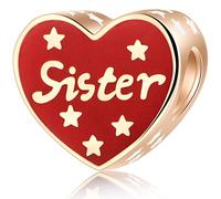 Rose Gold Sister Heart Charms fit Pandora Christmas Bracelet, 925 Sterling Silver Red Enamel Sister in Law Beads with Little Stars, Gifts for Auntie/Niece/Big Lil Sis/Cousin/Girl