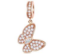Rose Gold Sparkle Butterfly Pendant Charms, fits Pandora Valentines Bracelet/Necklace, 925 Sterling Silver Clear CZ Insect Mariposa Dangle Beads, Gift for Girlfriend/Wife