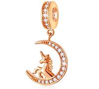 Rose Gold Sparkle Unicorn on Moon Charms, fits Women Bracelet, 925 Sterling Silver Clear CZ Myth Flying Horse Pendant Beads, Gift for Goddaughter/Auntie/Christmas
