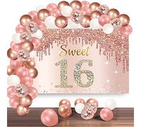 Rose Gold Sweet 16th Birthday Banner Backdrop with Confetti Balloon Garland Arch, Happy 16 Birthday Banner Balloon Set for Girls, Pink Sixteen Bday Poster Photo Booth Decor