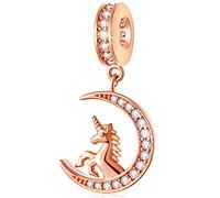 Rose Gold Unicorn Charms on Moon Pendant fit Pandora Christmas Bracelet, 925 Sterling Silver Magical Unicorn Horse on Sparkling Crescent CZ Dangle Beads, Gift for Kid/Niece/Graduation