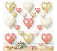 Rose Gold White Heart Balloons, 19PCS Champagne Gold Heart Shape Balloon, 18Inch with 10Inch Gold and Cream Helium Foil Love Balloon for Girls Birthday Baby Shower Wedding Mother's Day Decoration