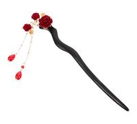 Rose Hair Stick for Bun Support, Elegant Chinese Style Pin | Alloy and Wood Construction, Tassel Rose Flower Decor, for Weddings, Formal Occasions, Medium Hair
