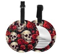 Rose Halloween Skull Round Luggage Tag 4PCS Skeleton Flower PU Leather Travel Bag Tag ID Labels Name Card Holder wtih Buckle for Luggage Suitcase Backpacks