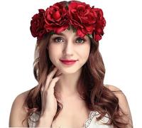 Rose Headband Flower Crown Wreath for Women Ladies Floral Headwear Gothic Hair Band Headdress Fancy Dress Up Cosplay Party Halloween Day of The Dead Costume Accessory Photo Props (Red, One Size)