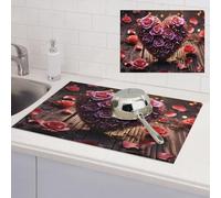 Rose Heart Love Dish Drying Mat for Kitchen Counter, Absorbent Microfiber Drainer Mats, Non-slip Kitchen Draining Mat for Coffee Machine Dish Rack Pad 24"x18" Dish Drainer Pad