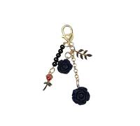Rose Key Chain Flower Keychain Pendant Accessory With Rose Accessories and Artificial Pearl delicate Split Ring Keychains (Black)