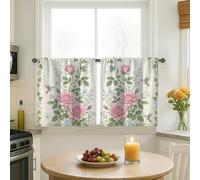 Rose Kitchen Curtains, Floral Vintage Hummingbird Leaf Spring Peach Tiered Kitchen Window Curtain Set Window Decoration for Sink Area Dining Room Bathroom 26x30 Inch