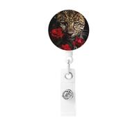 Rose Leopard Badge Reel Retractable Badge Holders Lightweight ID Badge Reels Cute Nurse Name Card Holder with Keychain Funny ID Badge Clip for Men Women