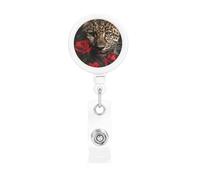 Rose Leopard Badge Reel Retractable Name Badge Holders Funny Nurse Badge Clip with Keychain Lightweight Plastic ID Card Holders for Men Women Gifts