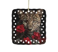 Rose Leopard Ceramic Christmas Ornaments 3 Inch Double Sided Square Pendant Holiday Tree Hanging Decor for Home, Party, Hotel Decorations, Gift for Teacher, Neighbor, Friend