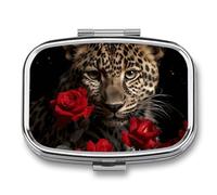 Rose Leopard Pill Box 2 Compartment Portable Travel Pill Case with Mirror Square Metal Medicines Storage Container Pocket Medicine Box to Hold Vitamins Fish Oil