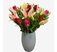 Rose & Lily Surprise Flower Bouquet of Fresh Real Flowers Bouquet - Cerise Roses, Red Roses and Pink Lilies - Perfect for any Birthday, Anniversary, Mother’s Day or say Thanks as a surprise gift