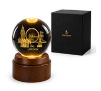 Rose Lyndon London 3D Crystal Ball LED Lamp - Classic Base Design - Big Ben, London Eye, Tower Bridge Skyline Engraved Crystal Globe, Wood-Effect Base, USB Night Light, London Souvenir Gift Box