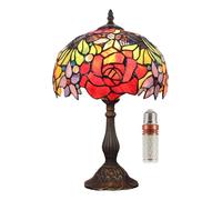 Rose Pastoral Retro Antique Tiffany Style Table Lamp Bedside Lamp Stained Glass Crystal Bead Lampshade Antique Lighting Living Room Bedroom Table Lamps Children's Lamp(Size:10 inch,Color:red)