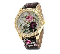 Rose Pattern Fashion Analog Wristwatches Leather Quartz Women's Watch Nylon Watch Straps (Black, One Size)
