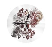 Rose Peacock Feather Skull Devil Skull with Scratch Clock Vampire 10in Round Wall Clock Non-Ticking Battery Silent Clock Modern Style Decorative for Living Room, Kitchen, Home,Bathroom, Bedroom