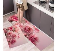 Rose Petals Kitchen Rugs Sets Non Slip Washable Kitchen Mats Anti Fatigue Comfort Flower Illustrations Floor Mats for Laundry, Hallways, Sink 40x60cm+40x120cm Blush Powder