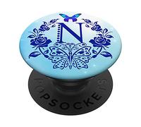 Rose Phone Grip with the Letter N Blue Butterfly and Flowers PopSockets Swappable PopGrip