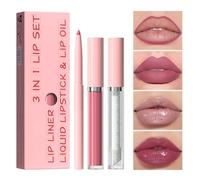Rose Pink 3-in-1 Lipgloss Set, Nude Pink Lipliner Long Lasting Waterproof Lip Stick Non-fading Full-Coverage Highly Pigmented Lip Stain Shiny Lip Gloss Set, Gift for Women