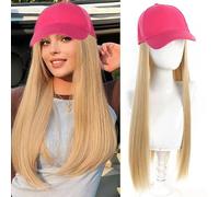 Rose Pink Baseball Cap Wig Hair Extensions Hat with Synthetic Attached Long Blonde Straight Hair Full Head Wig Cap Women Adjustable Ready to Wear All-in-One Hat for Cosplay & Daily Fashion