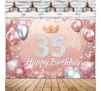 Rose Pink Happy 35th Birthday Banner Backdrop Diamond Glitter Theme Background Decor for Girls Princess Birthday Party Celebration Decorations Supplies 72x43in-BECKTEN