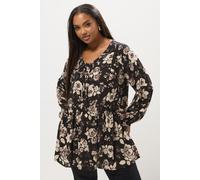 Rose Print Tie Neck Blouse Yours Black 20