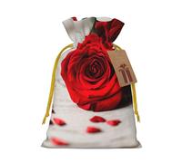 Rose Printed Christmas Drawstring Bags with Yellow Christmas Ribbon - Reusable Burlap Drawstring Gift Pouches, S