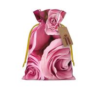 Rose Printed Christmas Drawstring Bags with Yellow Christmas Ribbon - Reusable Burlap Drawstring Gift Pouches, S