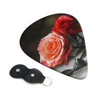 Rose Printed Guitar Picks, 6 Pack with Leather Keychain Pick Holder - 0.46mm, 0.71mm, 0.96mm Assorted Thickness for Acoustic Ukulele, Electric Guitar, Acoustic Guitar, Bass
