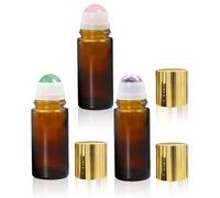 Rose Quartz & Amethyst & Green Aventurine Roller Bottles for Essential Oils, 50ml Refillable Amber Glass Roll On Bottles with Natural Crystal Roller, Leak-Proof Travel Perfume Bottle with Gold Caps