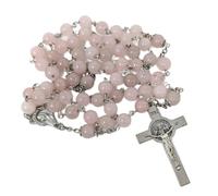 Rose Quartz Gemstone Rosary Beads with Silver St. Benedict Crucifix and Virgin Mary Centre - 8mm Catholic Prayer Beads for Meditation & Healing - Includes JRose Velvet Pouch