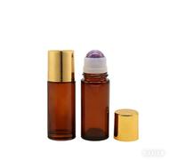 Rose Quartz & Green Stone 50ml Large Amber Glass Roll on Bottles with Natural Crystal Roller Balls for Essential Oils, Refillable Empty Deodorant Containers for Travel (Amethyst & Tiger Eye)