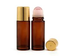 Rose Quartz & Green Stone 50ml Large Amber Glass Roll on Bottles with Natural Crystal Roller Balls for Essential Oils, Refillable Empty Deodorant Containers for Travel (Rose Quartz & Tiger Eye)
