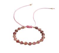 Rose Quartz Heart Bracelet for Women, Adjustable Pink Cord Beaded Bracelet with Gold Tone Beads, Cute Feminine Jewelry Gift for Her(Strawberry quartz)