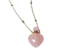 Rose Quartz Pendant Necklace for Women Girls Essential Oil Diffuser Crystal Gemstone Pendulum Perfume Bottle with 18K Gold Plated Long Chain 27" Heart Pendant