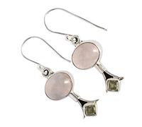 Rose Quartz & Peridot Earrings 925 Sterling Silver Dangle Drop Earrings Cabochon Gemstone Bezel Set Handmade Romantic Purple Jewelry Gift for Her Feminine Style