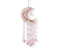 Rose Quartz Tree of Life Moon Hanging Decor, Handmade Crystal Wind Chime Wall Ornament, Raw Stone Dream Catcher for Bedroom Window Boho Room Decoration